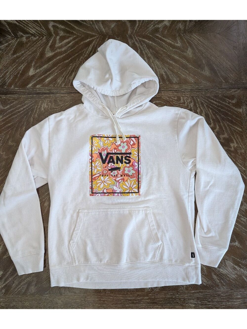 Vans Floral Box Logo Pullover Hoodie Cream Unisex XL Oversized Fit